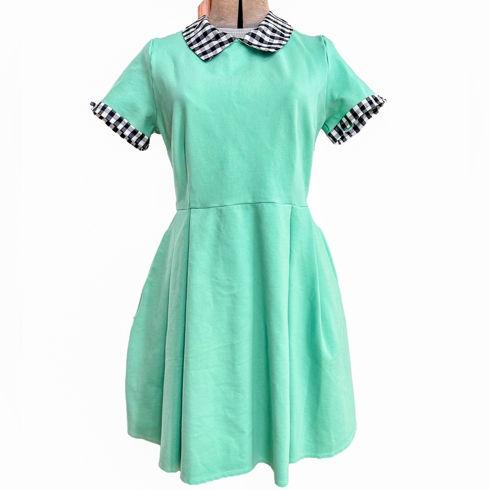 Mint Green Fit-and-Flare Dress with Gingham Collar - Picture 2 of 7